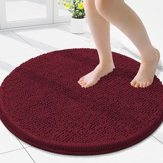 Smiry Luxury Chenille Round 24x24, Extra Soft and Absorbent Shaggy Bathroom Mat Rugs, Machine Washable, Non-Slip Plush Carpet for Tub, Shower, and Bath Room, Burgundy by Smiry
