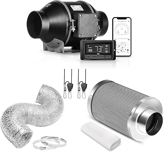 iPower 4" Smart Inline Duct Fan with Humidity Temperature Control via Bluetooth and WiFi App, Air Carbon Filter with 8 Ft Ducting and Rope, HVAC for Grow Tent Ventilation by iPower