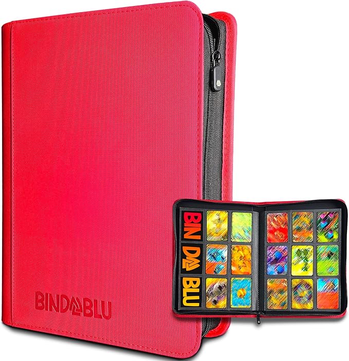 9 Pocket Trading Card Zip Binder - 360 Side Loading Pocket Binder for Colletible Games, Sport, TCG - Trading Card Binder - Gift Card holder for Boys and Girls - Red card binder by Bindablu