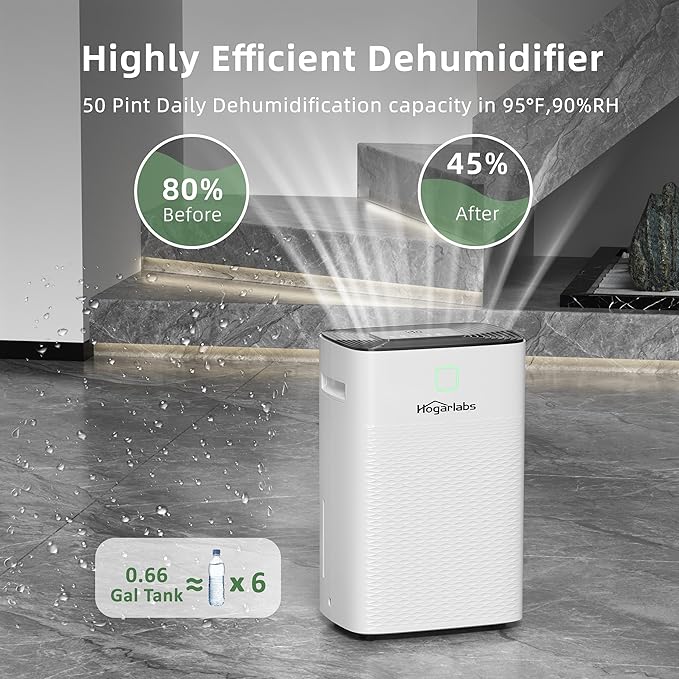 HOGARLABS 50 Pint Dehumidifiers for Home and Basements, with 3 Working Modes, Overflow Protection, and Auto Shut off Restart. Ultra Silent Dehumidifier with Drain Hose and Digital Control Panel. - Image 2