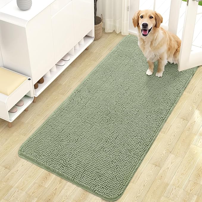 OLANLY Dog Door Mat for Muddy Paws 47x24, Absorbs Moisture and Dirt, Absorbent Non-Slip Washable Doormat, Quick Dry Chenille Mud Mat for Dogs, Entry Indoor Entryway Carpet for Inside Floor, Sage Green by OLANLY