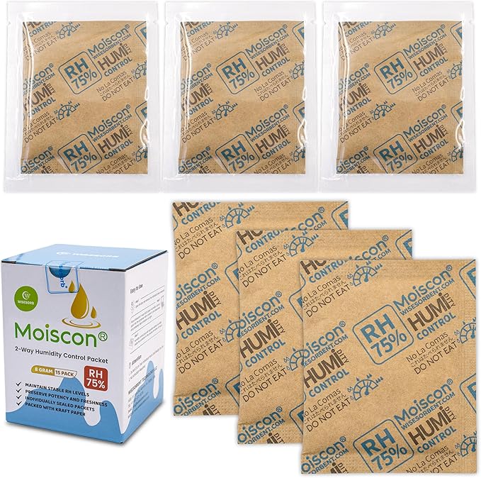 75% RH 8 Gram Two-Way Humidity Control Packs for Storing Up to 5 Items, 15 Pack Size 8 Moisture Control Packets Individually Wrapped for Small Non-Plastic Travel Cases by Wisesorb