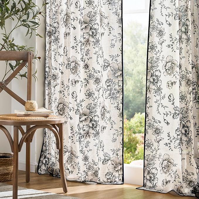JINCHAN Linen Blend Floral Curtains French Country Curtain for Living Room 90 Inch Length Black Printed Curtain Rod Pocket Back Tab Farmhouse Peony Flower Patterned Drapes Window Curtains Set 2 Panels - Image 7