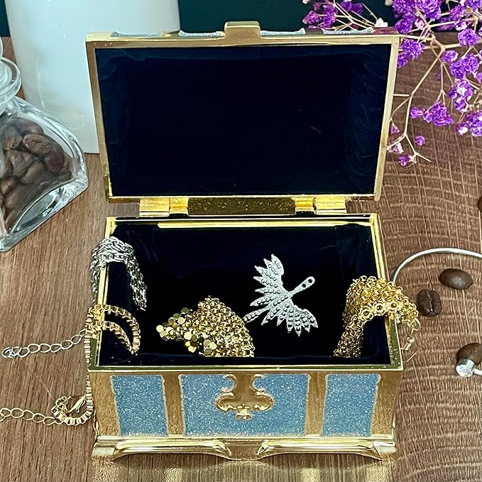 Retro Jewelry Box Arched Vintage Rectangular Metal Chest Necklace Ring Earrings Storage Case for Women Girls (Golden Starlight Blue-purple, M) - Image 2