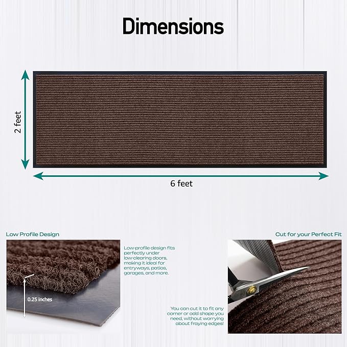 MaxMat® Large Waterproof Doormat - Heavy Duty, Commercial, Low-Profile, Easy to Clean, Rubber Floor Mat (2 x 6 Feet, Brown, MXM-RIB0026BR) - Image 3