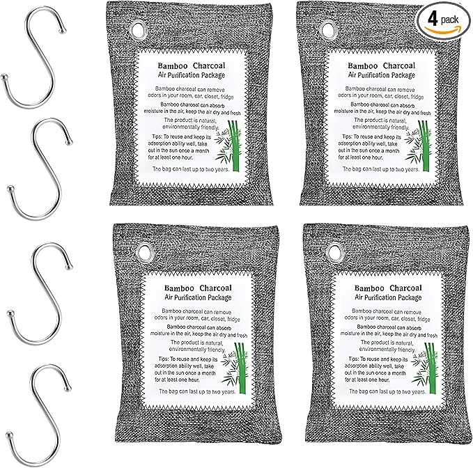 Bamboo Charcoal Air Purifying Bags (4-Pack, 200g Each) – Natural Odor Eliminator & Moisture Absorber for Home, Car, Closets, Bathrooms – Eco-Friendly, Reusable Deodorizer by Unknown