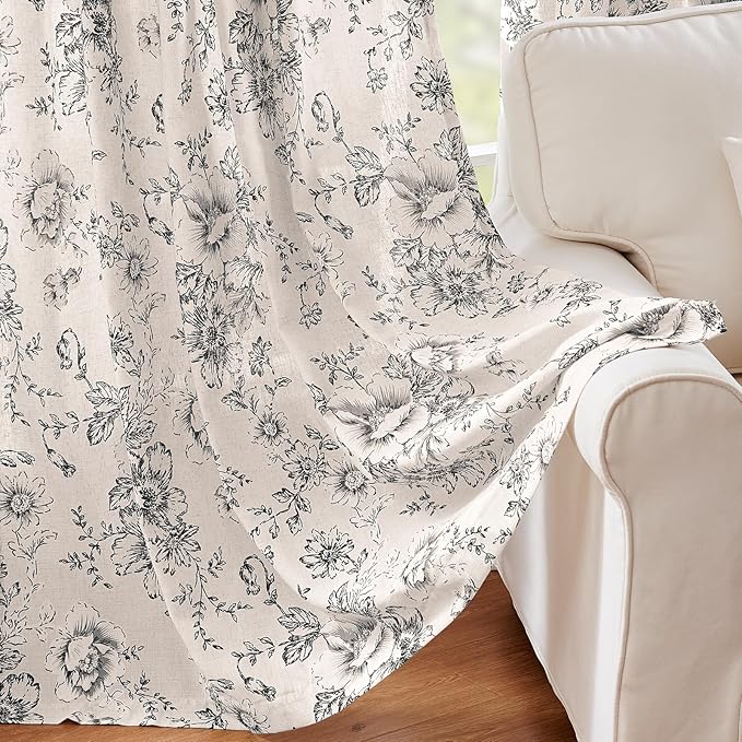jinchan Linen Blend Curtain Floral Curtains for Living Room 90 Inch Length Black Printed Curtain Rod Pocket Back Tab Farmhouse Peony Flower Patterned Drapes Bedroom Window Curtains Set 2 Panels - Image 6