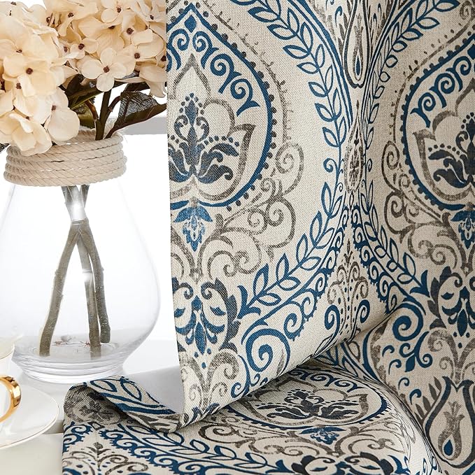 Vangao Vintage Damask Blue Curtains 63 Inch Long Blackout Curtains Linen Textured Floral Paisley Medallion Print for Bedroom Living Room Darkening Drapes Retro Window Treatment 2 Panels Navy on Beige - Image 9
