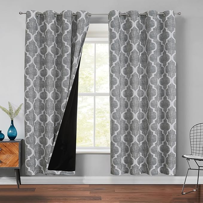 Beauoop 100% Blackout Curtains 72 Inches Long 2 Panels for Bedroom Living Room Grey Moroccan Geo Room Darkening Thermal Insulated Soundproof Grommet Top Window Treatments Drapes, 50x72 Set of 2 by Beauoop