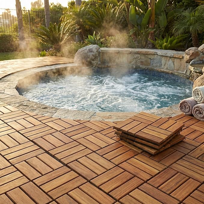 Bare Decor BARE-WF2009 Solid Teak Wood Interlocking Flooring Tiles (Pack of 10), 12" x 12", Brown - Image 7
