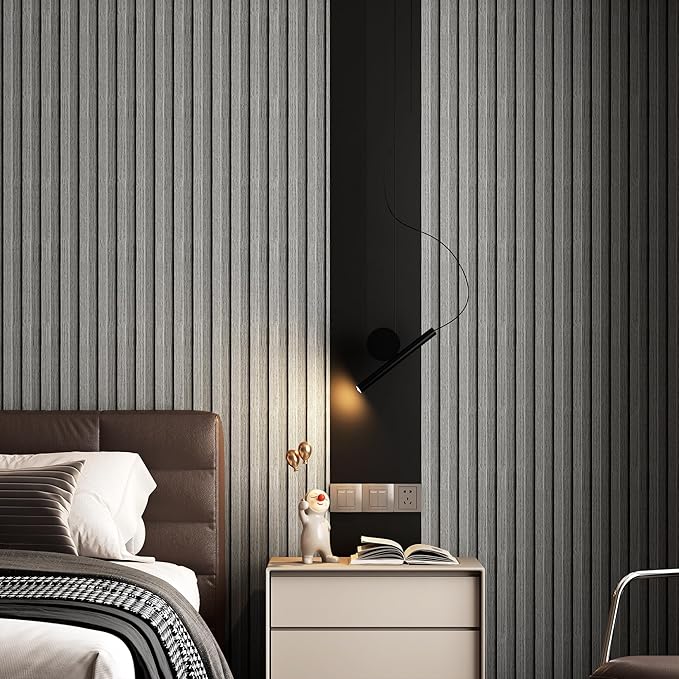 Peel and Stick PVC Slat Wall Panels, Wood Grain Self-Adhesive Soundproof Moisture-Resistant Paneling, 3D Faux Wood Panels for Bedroom Bathroom Walls & Ceilings 118"x15.75"(Gray,13Sq.ft) - Image 2