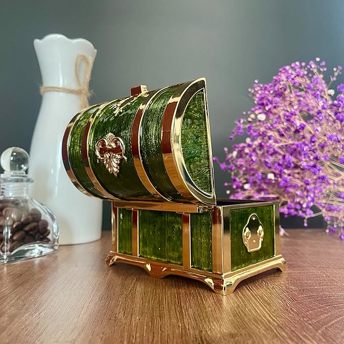 Retro Jewelry Box Arched Vintage Rectangular Metal Chest Necklace Ring Earrings Storage Case for Women Girls (Golden Transparent Green, M) - Image 5