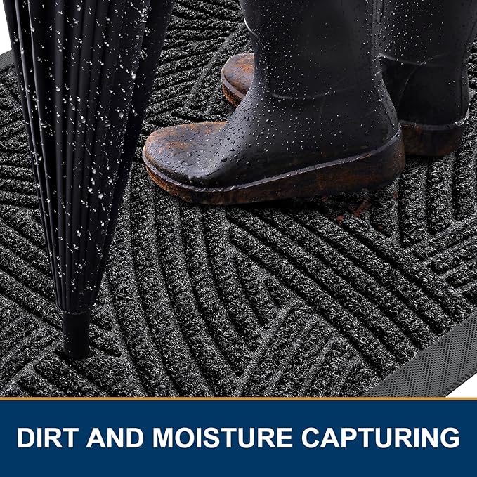 Smiry Front Door Mat Outside Entrance, Heavy Duty Sturdy Natural Rubber Doormat, Trap Dirt and Moisture, Easy Clean Low Profile Mats for Indoor Outdoor Entry, Interwoven Stripes 29.5x17, Black - Image 3