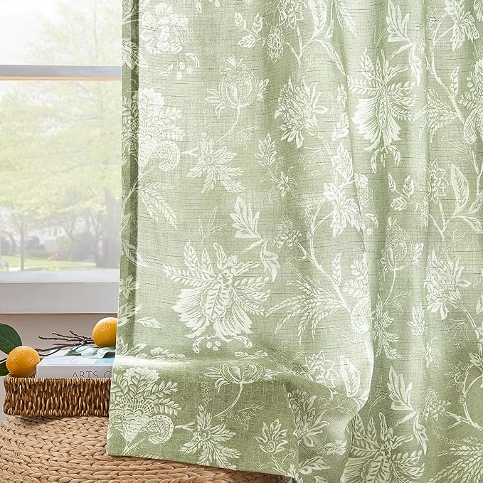 jinchan Linen Floral Curtains for Living Room with Printed Flower 84 Inches Long Light Filtering French Country Back Tab Rod Pocket Sage Green Window Curtain Set Farmhouse Drapes 2 Panels - Image 8