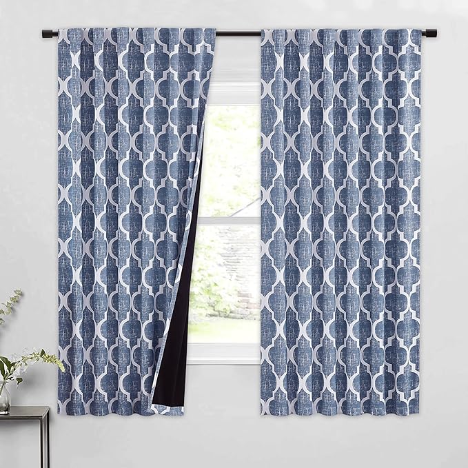 Beauoop 100% Blackout Curtains 63 Inches Long 2 Panels for Bedroom Living Room Blue Moroccan Geo Room Darkening Thermal Insulated Soundproof Rod Pocket Back Tab Window Treatments Drapes, 50x63 by Beauoop