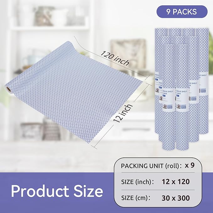 FIFTY FEET 12"x120" Non-Adhesive Shelf Liner for Kitchen Cabinets and Drawers, Washable Non-Slip PVC Cabinet Liner (Blue Circle)(9 Roll) - Image 5