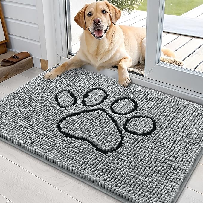OLANLY Dog Door Mat for Muddy Paws 36x24, Paw Print Design, Absorbs Moisture and Dirt, Absorbent Non-Slip Washable Doormat, Quick Dry Chenille Mud Mat for Dogs, Entry Indoor Entryway Carpet, Grey by OLANLY