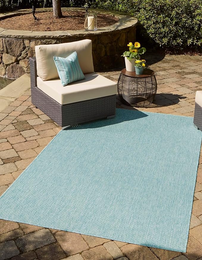 Unique Loom Collection Casual Transitional Solid Heathered Indoor/Outdoor Flatweave Area Rug (6' 1" x 9' Rectangle, Aquamarine/Ivory) by UniqueLoom