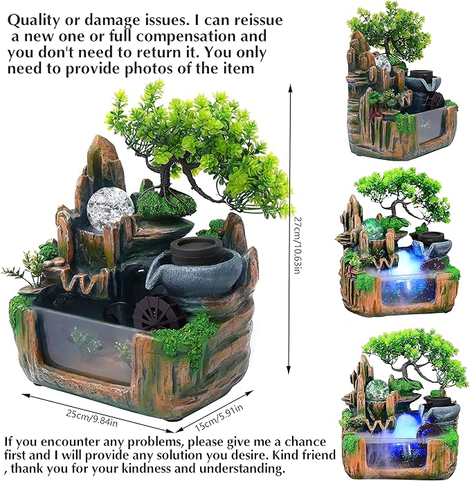 10Inch Bonsai Tree Rock ​Water Fountains Indoor Tabletop Waterfall Humidifier with LED Light and Atomizer Mist, Desktop Decoration Fake Plants Mini Fish Tank Feng Shui Decor Festival Birthday surprise - Image 3