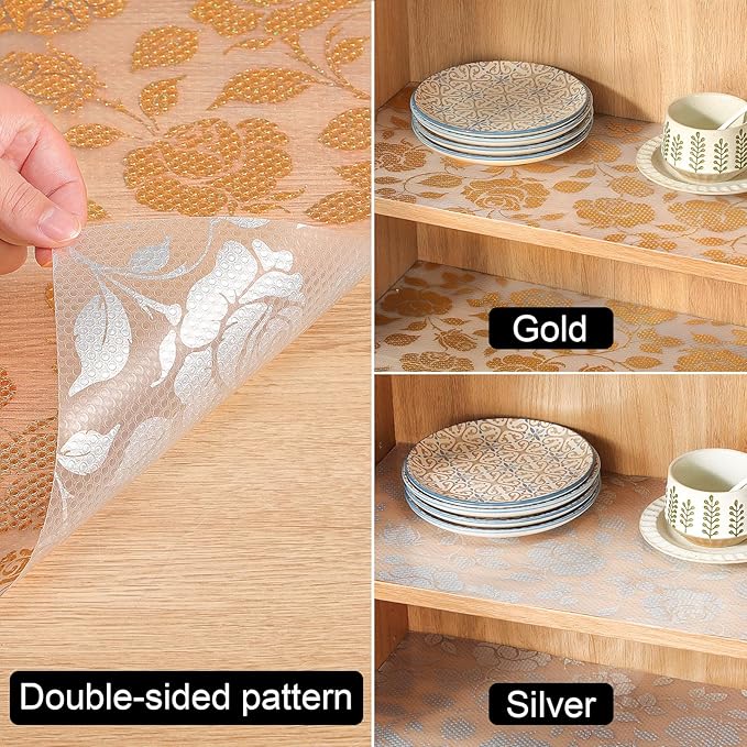 INNOLITES Shelf Liner for Cabinets, Non-Adhesive for Kitchen Drawer Liner, Waterproof Shelf Paper with Floral Pattern, Durable Easy to Clean (Golden Rose, 17.7" x 360") - Image 4