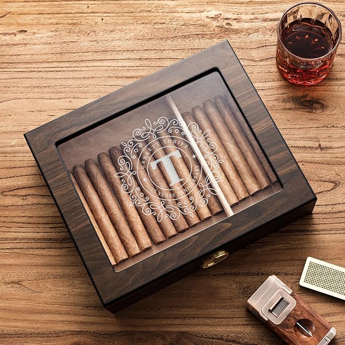 Woodronic Monogrammed Cigar Humidor, Custom Cigar Case with Hygrometer and Humidifier, Spanish Cedar Lining and Divider, Cigar Accessories, Customized Gift for Men, Holds 25 Cigars - Image 3