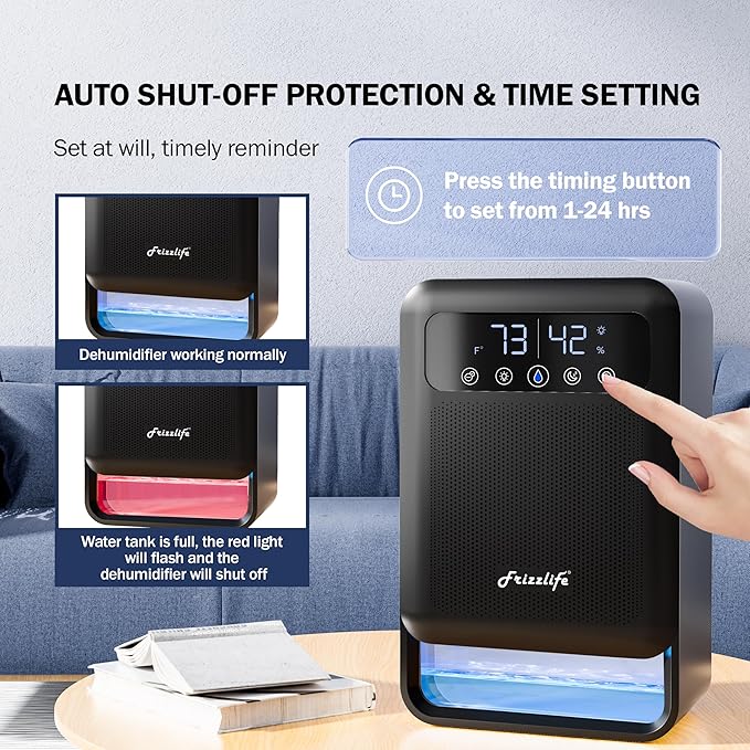 Frizzlife Air Dehumidifier, 135oz Water Tank W/Purifying Function, Quiet Small Dehumidifiers With Sleep Mode For Home, Bedroom, Bathroom, Basement W/Auto Shut Off, 7 Colors LED Light, Black - Image 6