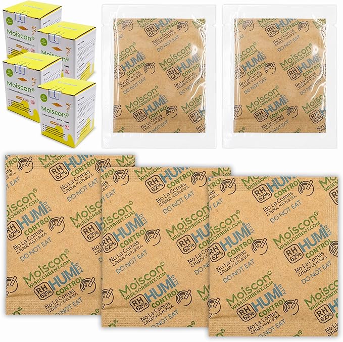 60 Pack 62% RH 8 Gram Two-Way Humidity Control Packs for Storing 1 oz Herb, Size 8 Moisture Control Packets Individually Wrapped by Wisesorb