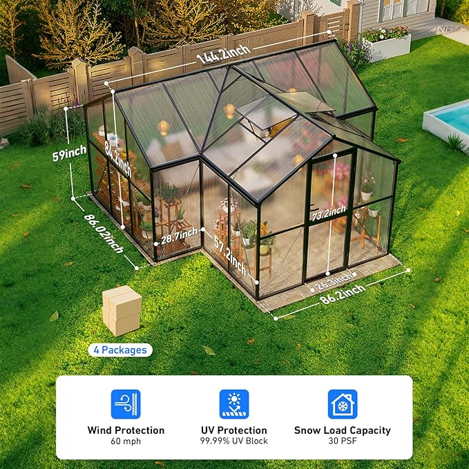 12X12FT Green Houses for Outside, Large Greenhouse for Outdoors and Garden Planting, Walk in Greenhouse Kit with Electronic Thermometers, Withstands Strong Wind or Snow to Protect Vegetables or Plants - Image 6