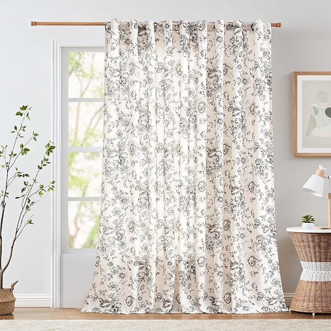 jinchan Linen Floral Curtains Extra Wide for Patio Sliding Glass Door Room Divider Curtain for Living Room 96 Inch Length Farmhouse Peony Black Printed Curtain Set 1 Panel by JINCHAN