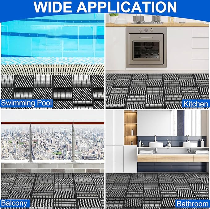 MYFAMIREA Modular Interlocking Cushion 12 Pack 11.8" x 11.8" Rubber Floor Tiles Non-Slip Splicing Drainage Mats for Deck, Pool, Shower, Patio, Balcony, Bathroom, Kitchen, Yard (1 Rows Dots, Black) - Image 7