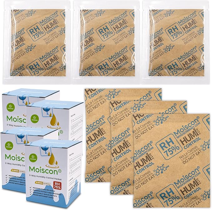 75% RH 8 Gram 60 Pack Two-Way Humidity Control Packs for Storing Up to 5 Items, Size 8 Moisture Control Packets Individually Wrapped for Small Non-Plastic Travel Cases by Wisesorb