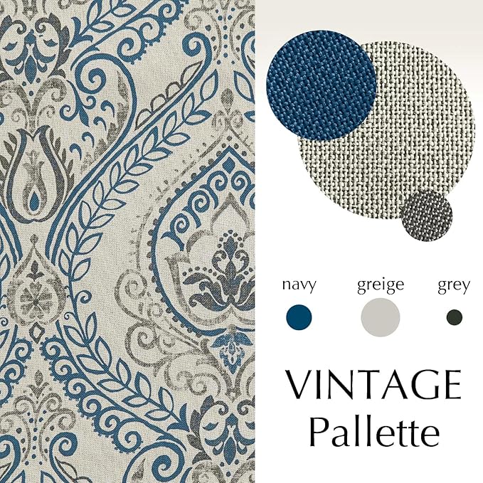 Vangao Vintage Damask Blue Curtains 63 Inch Long Blackout Curtains Linen Textured Floral Paisley Medallion Print for Bedroom Living Room Darkening Drapes Retro Window Treatment 2 Panels Navy on Beige - Image 3