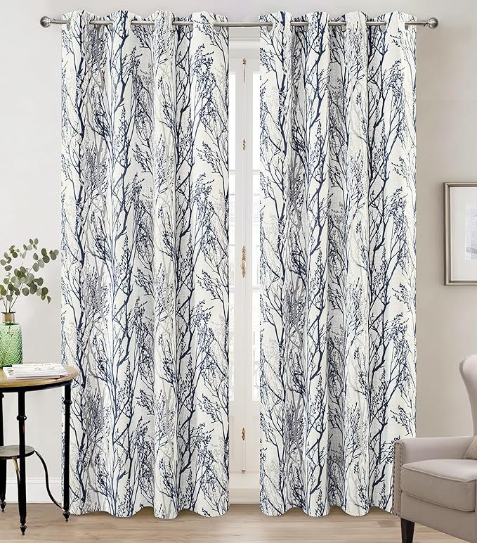DriftAway Linen Printed Blackout Curtains Tree Branch Pattern Double Layer 96 Inches Long for Bedroom Classic Thermal Insulated Summer Sound Lined Grommet Drapes for Living Room 2 Panels Blue/Linen by DriftAway