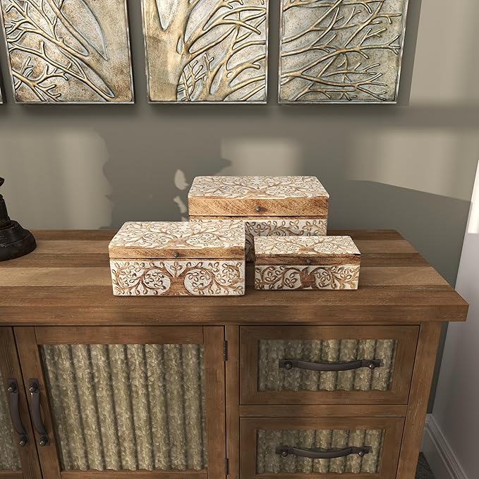 Deco 79 Mango Wood Floral Decorative Box Decorative Keepsake Boxes with Hinged Lid, Set of 3 Storage Boxes 8", 10", 12"W, Brown - Image 9