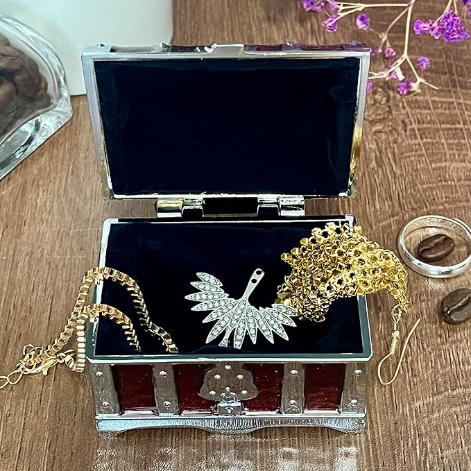 Retro Jewelry Box Arched Vintage Rectangular Metal Chest Necklace Ring Earrings Storage Case for Women Girls (Chrome Transparent Red, S) - Image 2