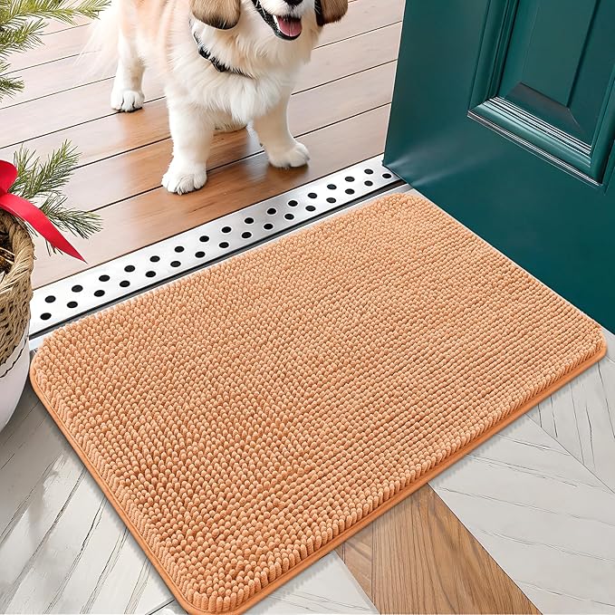 OLANLY Dog Door Mat for Muddy Paws 30x17, Absorbs Moisture and Dirt, Absorbent Non-Slip Washable Doormat, Quick Dry Chenille Mud Mat for Dogs, Entry Indoor Entryway Carpet for Inside Floor, Orange by OLANLY