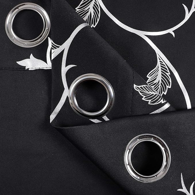 BUHUA Small Window Blackout Curtains with Silver Vine Print Pattern Black Blackout Curtains for Kitchen Window 38W×45L Black Set of 2 - Image 8