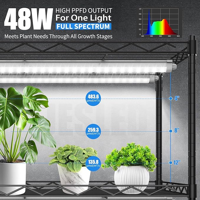 JESLED Indoor Greenhouse with Grow Light, 4FT Full Spectrum 5000K LED Light for Seed Starting, Tiered Lighting Control, Built-in Timer & Thermo-Hygrometer, Rolling Metal Plant Stand (47.2x13.8x70IN) - Image 2