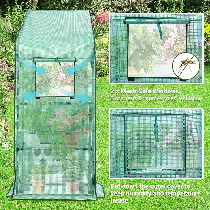 Ohuhu Greenhouse for Outdoors with Mesh Side Windows, 3 Tiers 4 Shelves Small Walk-In Green House Plant Stands Plastic PE Cover Outside Portable Warm House for Seedling Flowers Growing, 4.8x2.5x6.4 FT - Image 2
