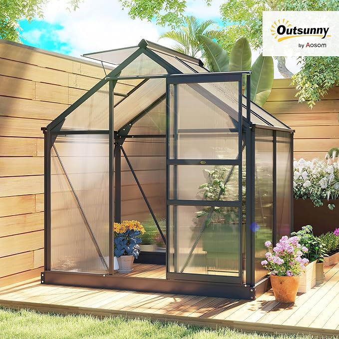Outsunny 6' x 4' Greenhouse for Outdoors, Polycarbonate Greenhouse with Rain Gutter and Roof Vent, Aluminum Walk-in Green Houses for Outside for Patio Backyard Garden, Gray - Image 2