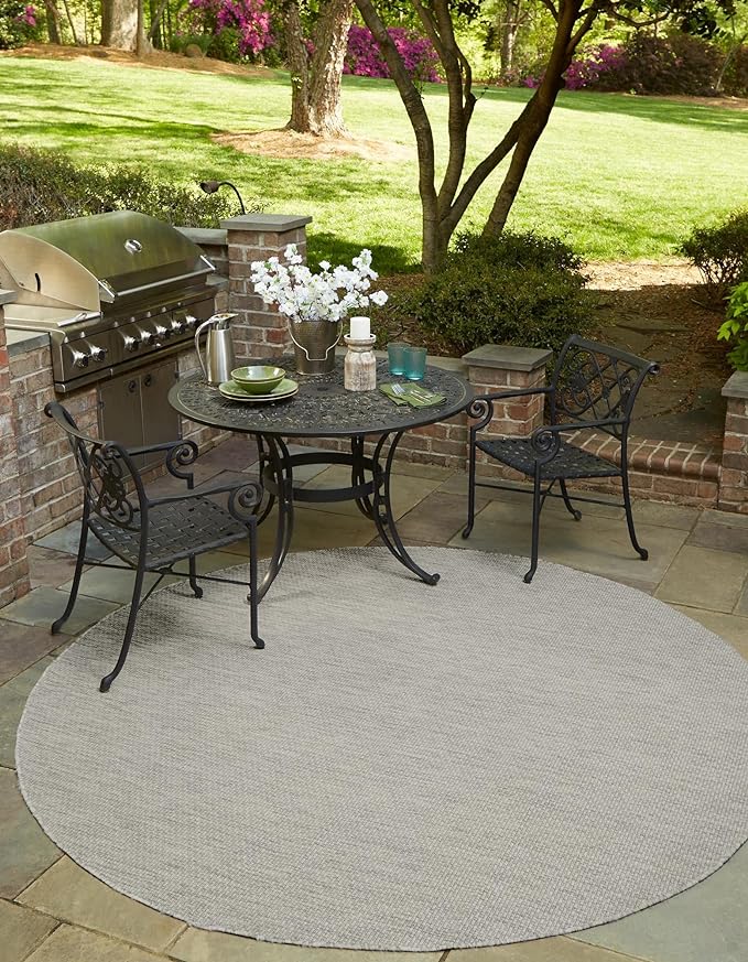 Unique Loom Collection Casual Transitional Solid Heathered Indoor/Outdoor Flatweave Area Rug (13' Round, Light Gray/Ivory) by UniqueLoom