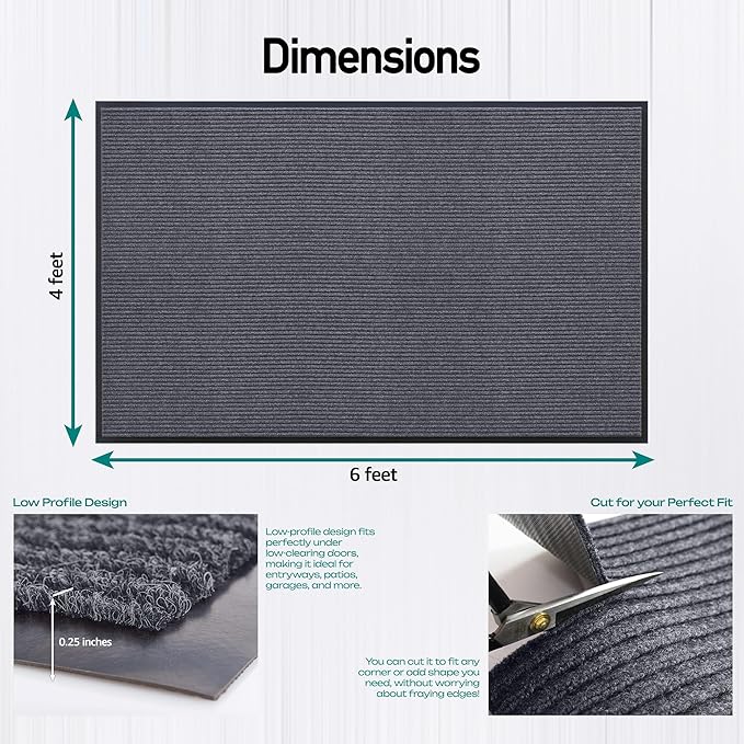 MaxMat® Large Rubber Doormat - Heavy Duty, Commercial Grade, Waterproof, Low-Profile, Easy to Clean Floormat (4 x 6 Feet, Grey, MXM-RIB0046GY) - Image 2