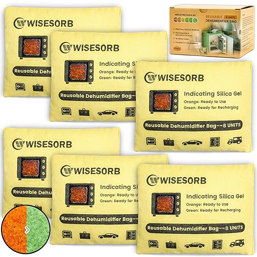 6 Pack 240G Reusable Silica Gel Desiccant Dehumidifier Bags, Color Indicating Moisture Absorbers for Car, Closet, Garage, 3D Filaments, Emoisture, Microwave Rechargeable Reusable Drying Bags by Wisesorb