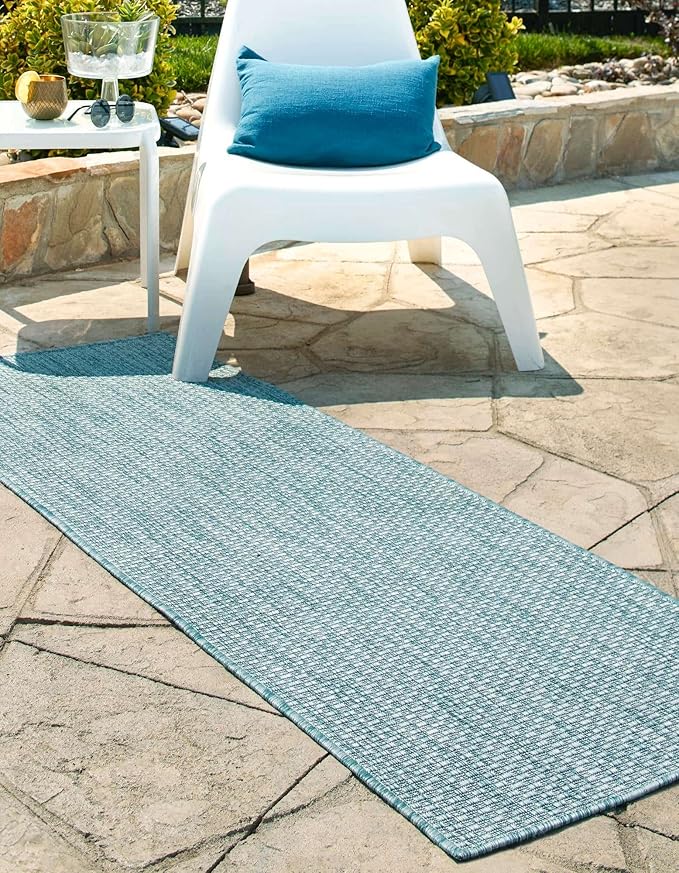 Unique Loom Collection Casual Transitional Solid Heathered Indoor/Outdoor Flatweave Area Rug (2' 7" x 10' Runner, Aquamarine/Ivory) - Image 4