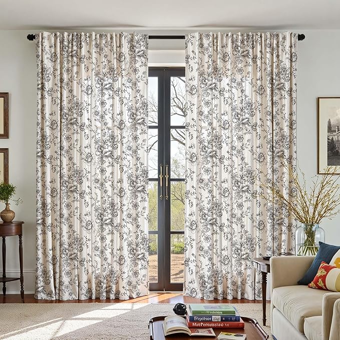 jinchan Linen Floral Curtains 100 Inch Extra Wide for Patio Sliding Glass Door Room Divider Curtain for Living Room 96 Inch Length Farmhouse Peony Black Printed Curtain Set 1 Panel - Image 5