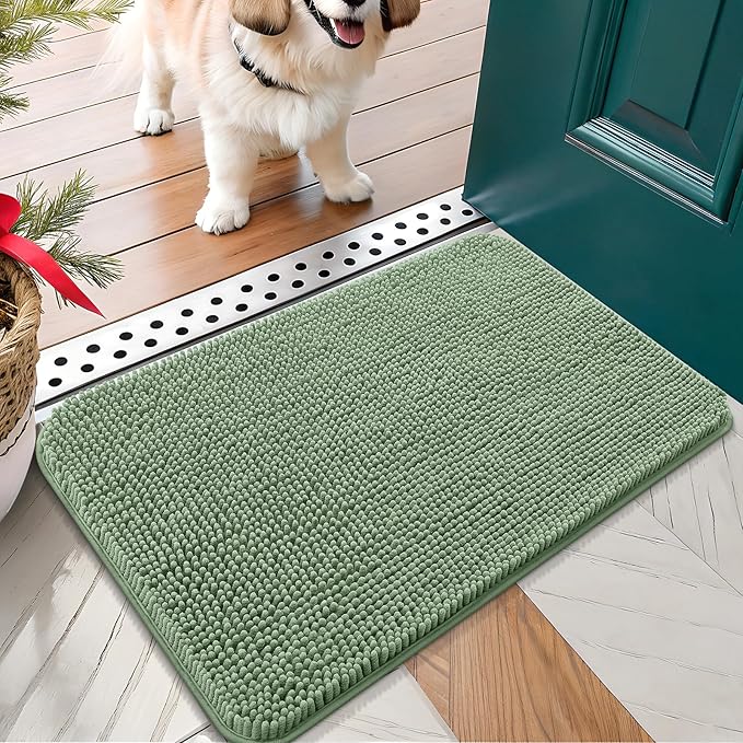 OLANLY Dog Door Mat for Muddy Paws 30x17, Absorbs Moisture and Dirt, Absorbent Non-Slip Washable Doormat, Quick Dry Chenille Mud Mat, Entry Indoor Entryway Carpet for Inside Floor, Olive Green by OLANLY