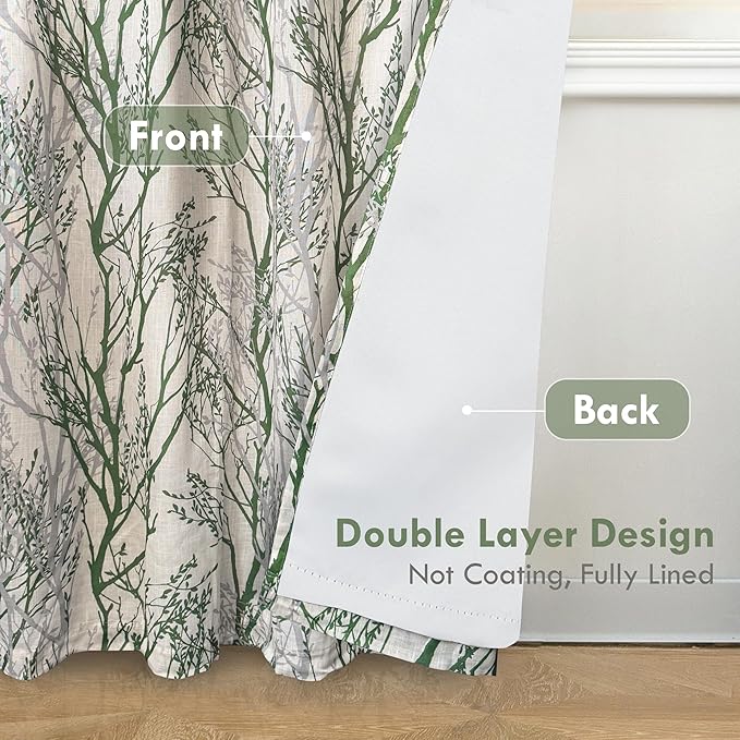 DriftAway Linen Printed Blackout Curtains Tree Branch Pattern Double Layer 84 Inches Long for Bedroom Thermal Insulated Summer Sound Lined Grommet Drapes for Living Room 2 Panels Loden Green/Linen - Image 2
