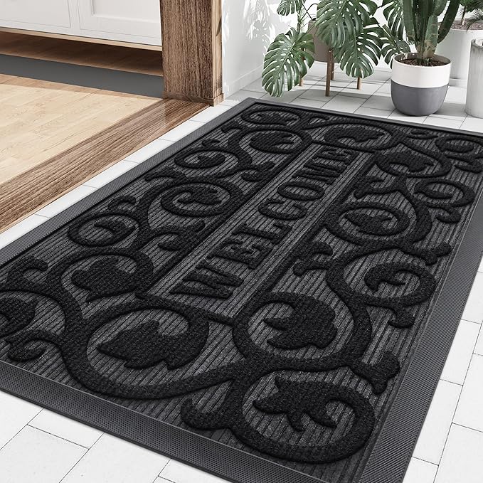 Smiry Welcome Door Mat Outside Entrance, Heavy Duty Trap Dirt and Moisture Easy Clean Low Profile Patio Porch Indoor Outdoor Front Doormat for Entry, 35x23 Inch, Black by Smiry