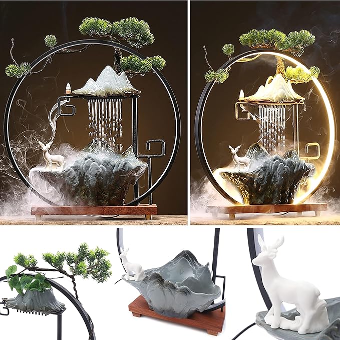 17In Water Fountains Indoor Tabletop Water Fall Humidifier W/LED Light & Atomizer Mist, Zen Decor Meditation Japanese Decor Fake Plants Feng Shui Decor Festival Birthday Gift Good Luck Wealth - Image 8