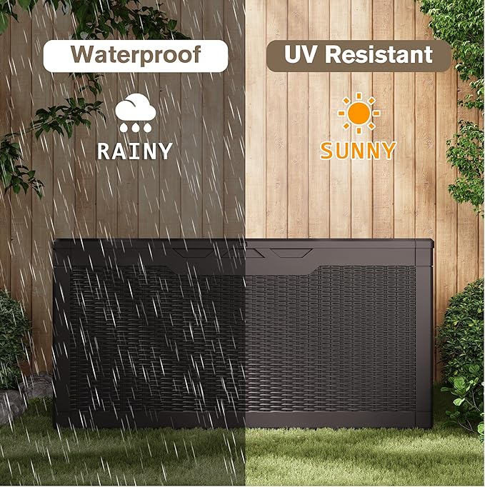 JUMMICO 100 Gallon Resin Deck Box, Waterproof Outdoor Storage Box with Lockable Lid for Garden Tools, Patio Cushions (Brown) - Image 6